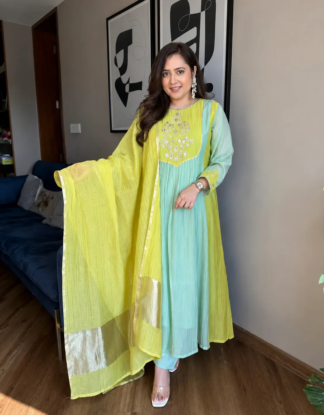 Emerald Green & Lime Yellow Embellished Anarkali Suit Ensemble