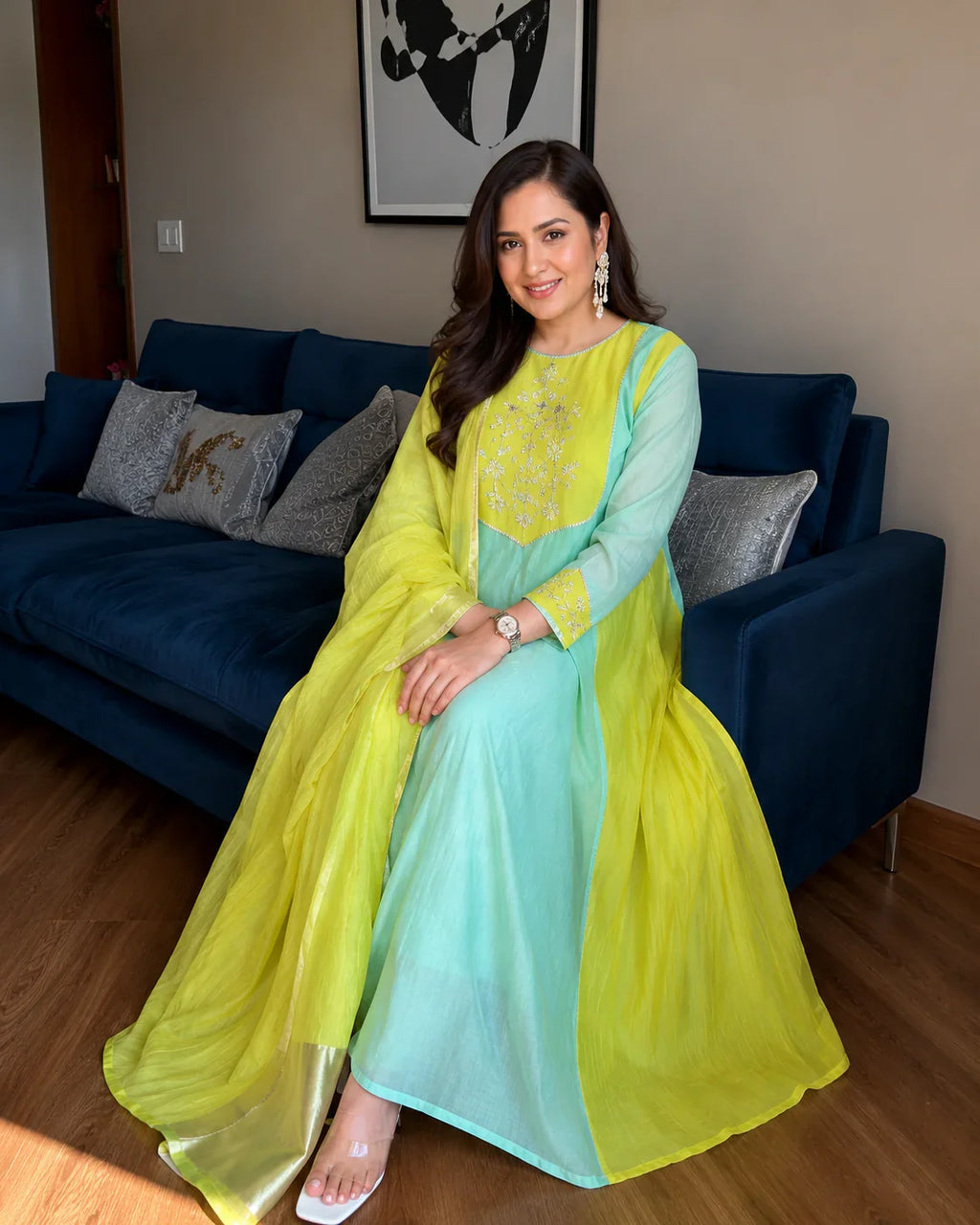 Emerald Green & Lime Yellow Embellished Anarkali Suit Ensemble