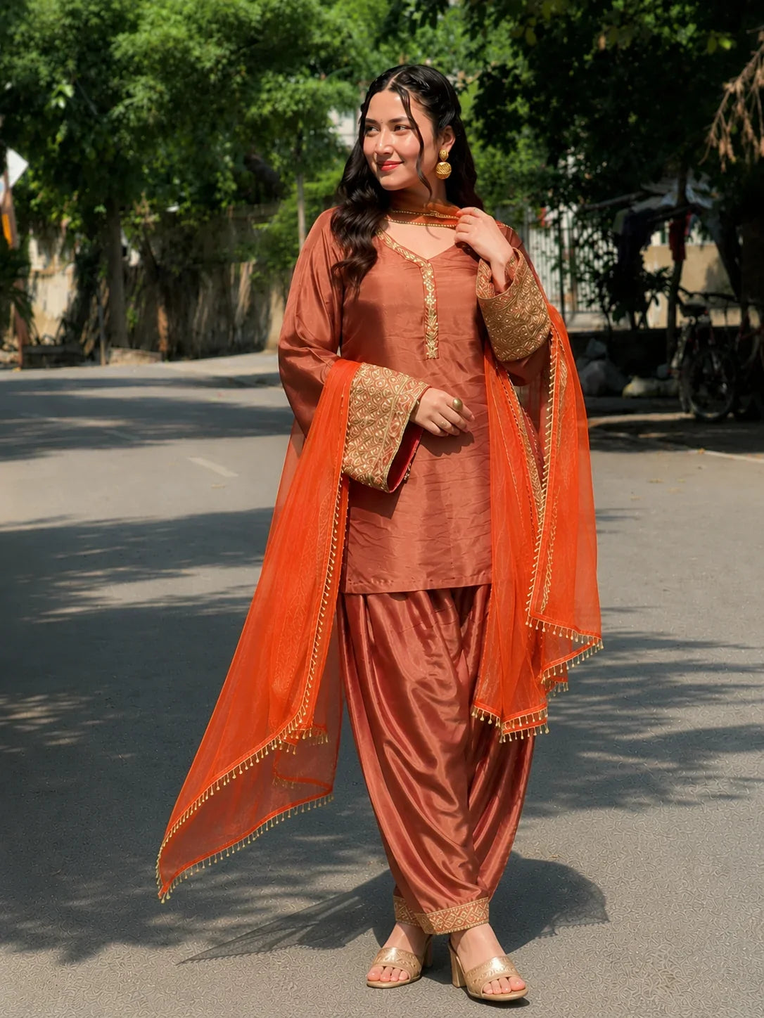 Copper Brown Jacquard Work Embroidered Farshi Kurta Set