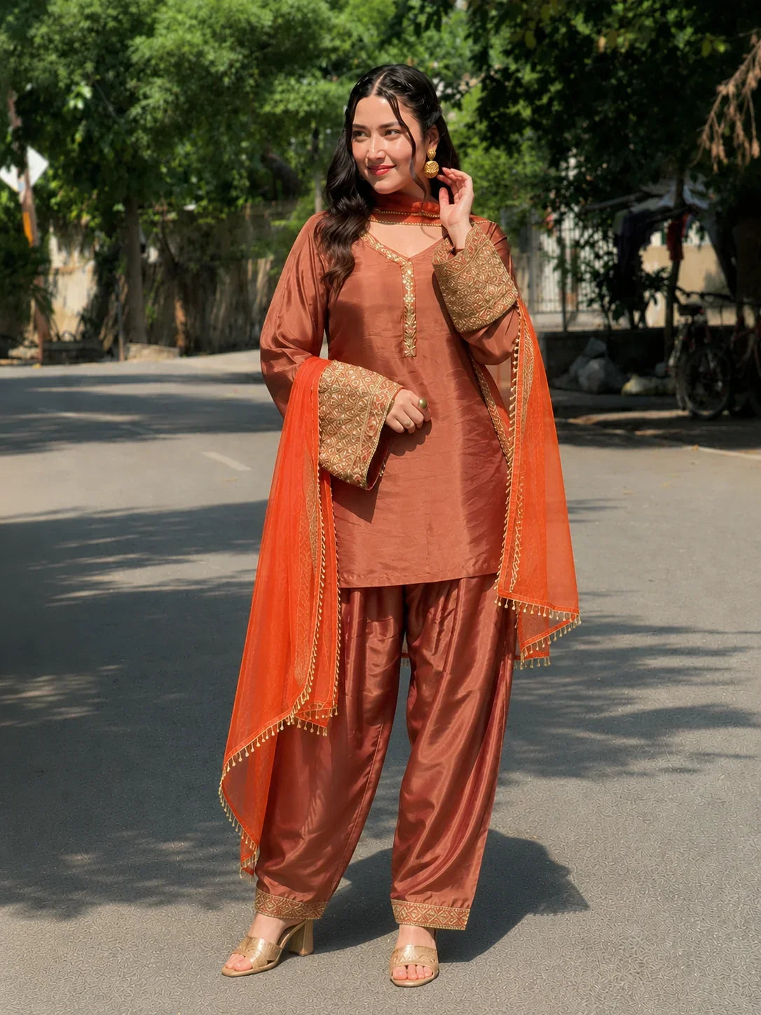 Copper Brown Jacquard Work Embroidered Farshi Kurta Set