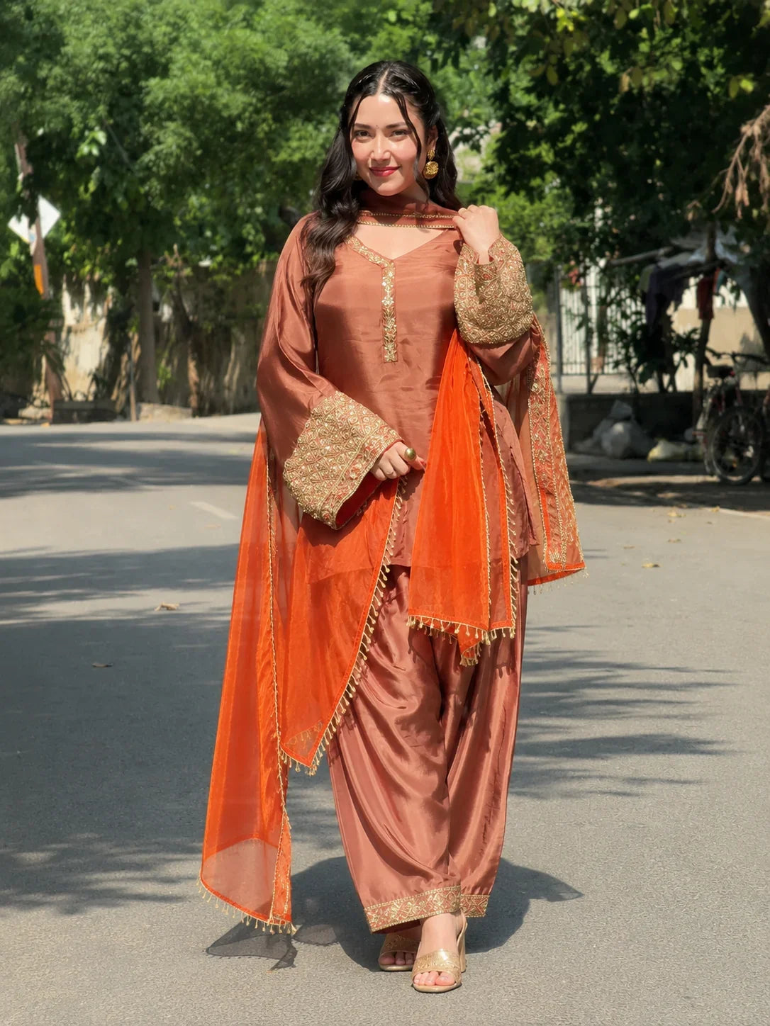 Copper Brown Jacquard Work Embroidered Farshi Kurta Set