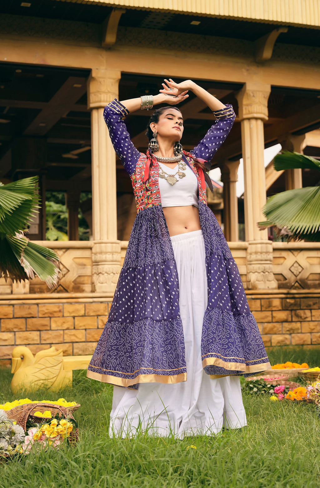 Deep Navy Patterned Long Shrug with White Dress Set