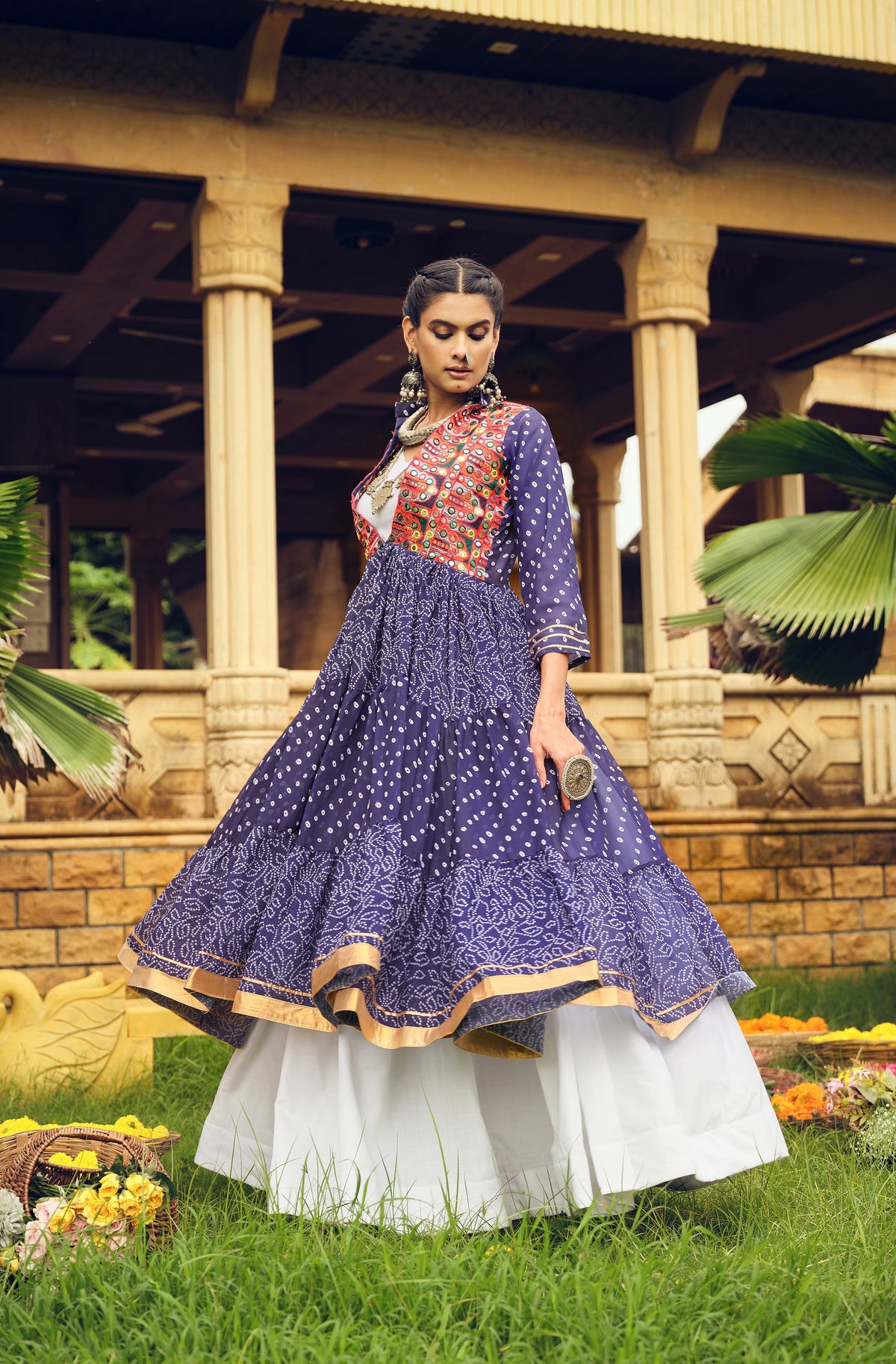 Deep Navy Patterned Long Shrug with White Dress Set