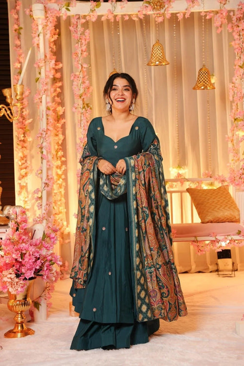 Dark Green Embroidered P.V. Chanderi  Anarkali Set