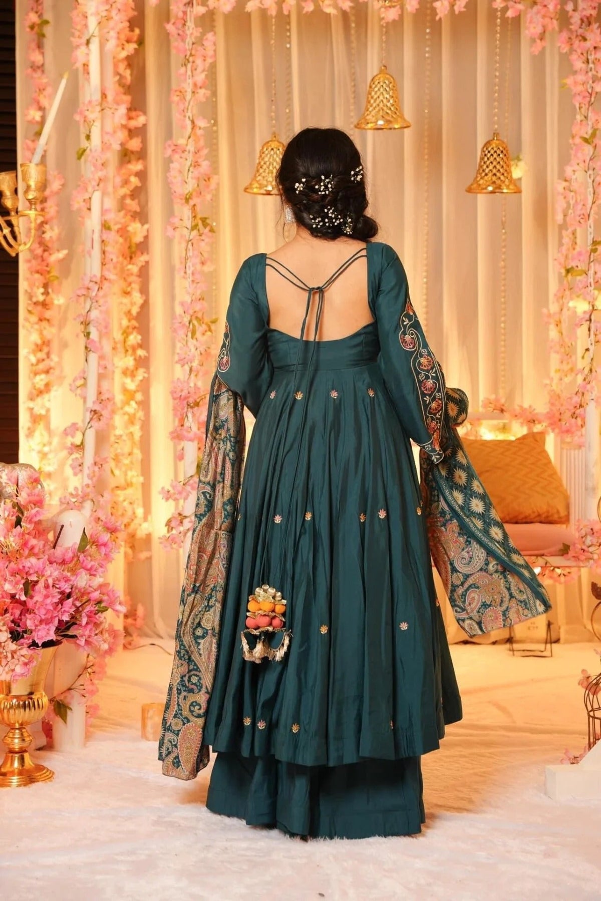 Dark Green Embroidered P.V. Chanderi  Anarkali Set