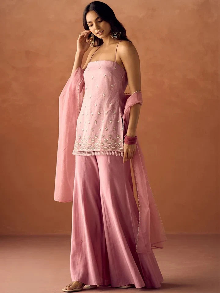 Light Pink Silk Embroidered Handwork Party Wear Palazzo Set with Dupatta For Women