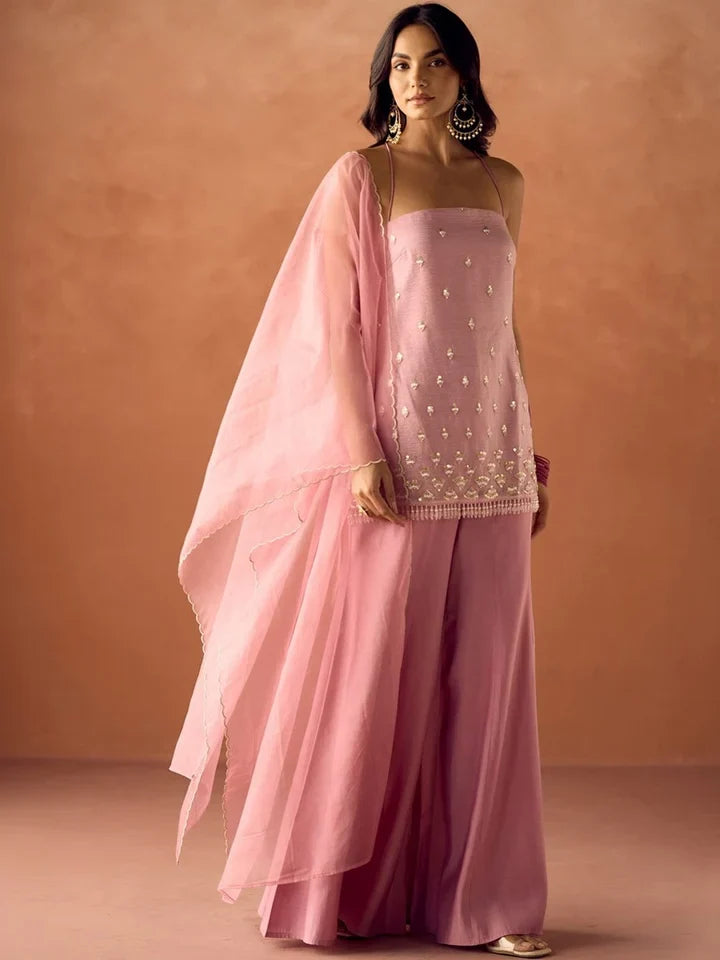 Light Pink Silk Embroidered Handwork Party Wear Palazzo Set with Dupatta For Women