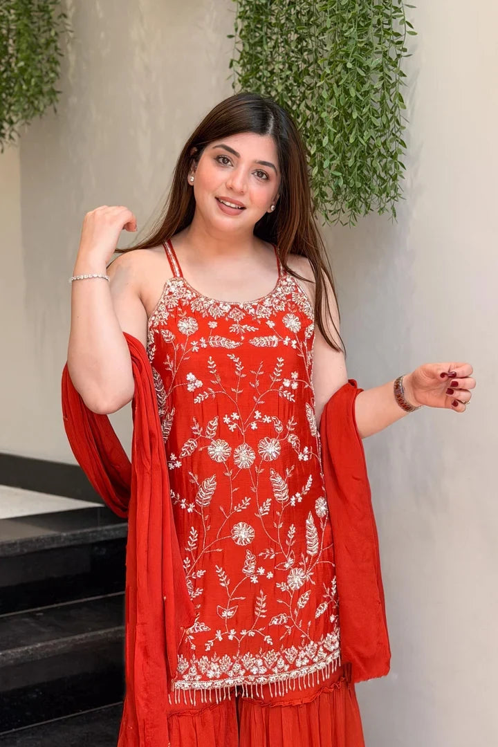 Women's Rust Floral Embroidered Regular Thread Work Kurta with Sharara & With Dupatta