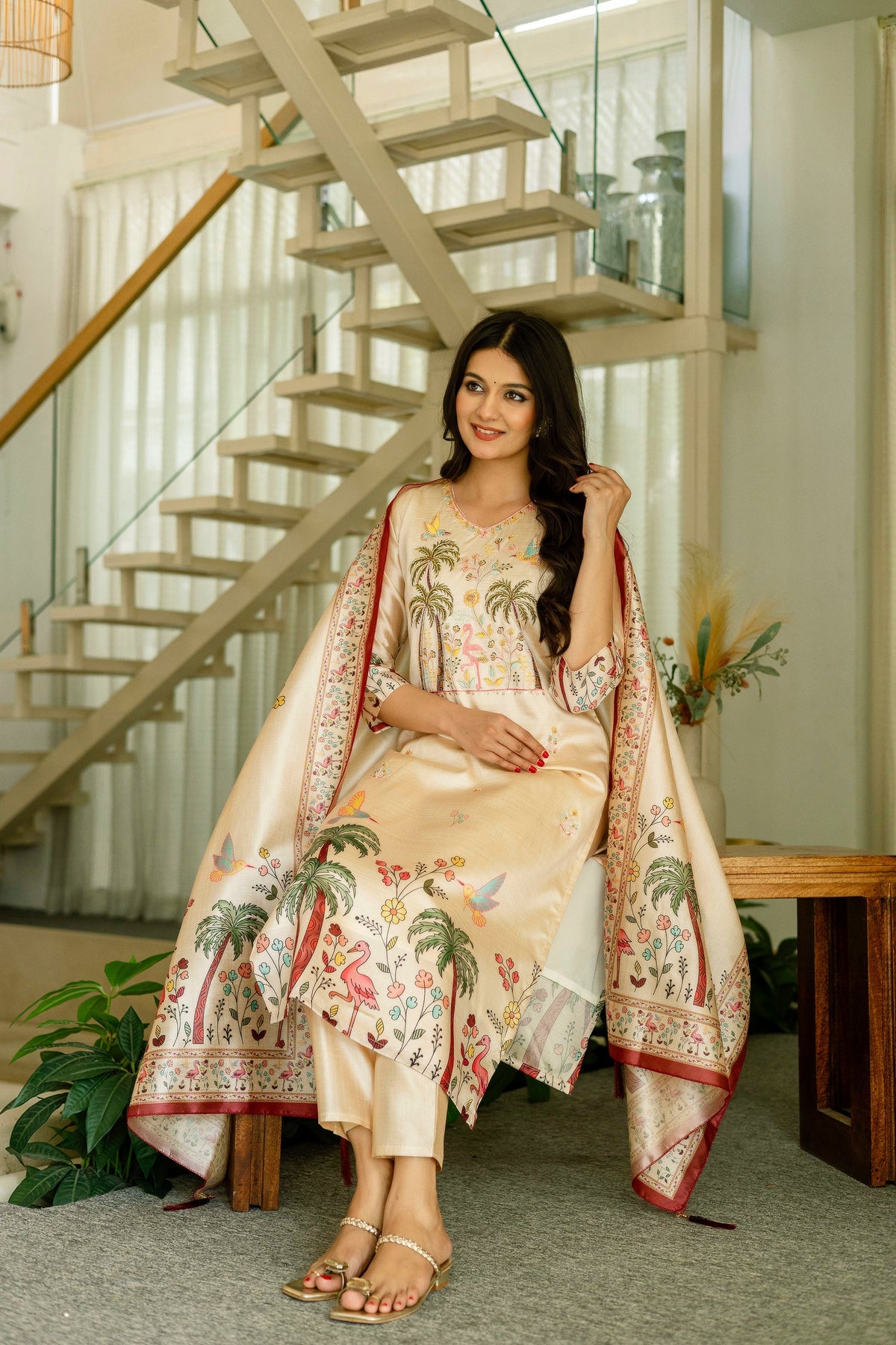 Viscose Assam Silk Embellished Kurta Pant With Dupatta Set
