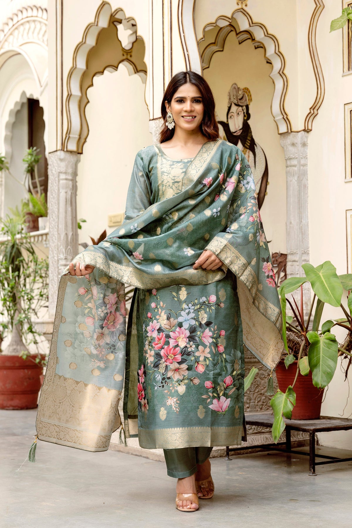 Grey Patterned Chanderi Cotton Suit Ensemble