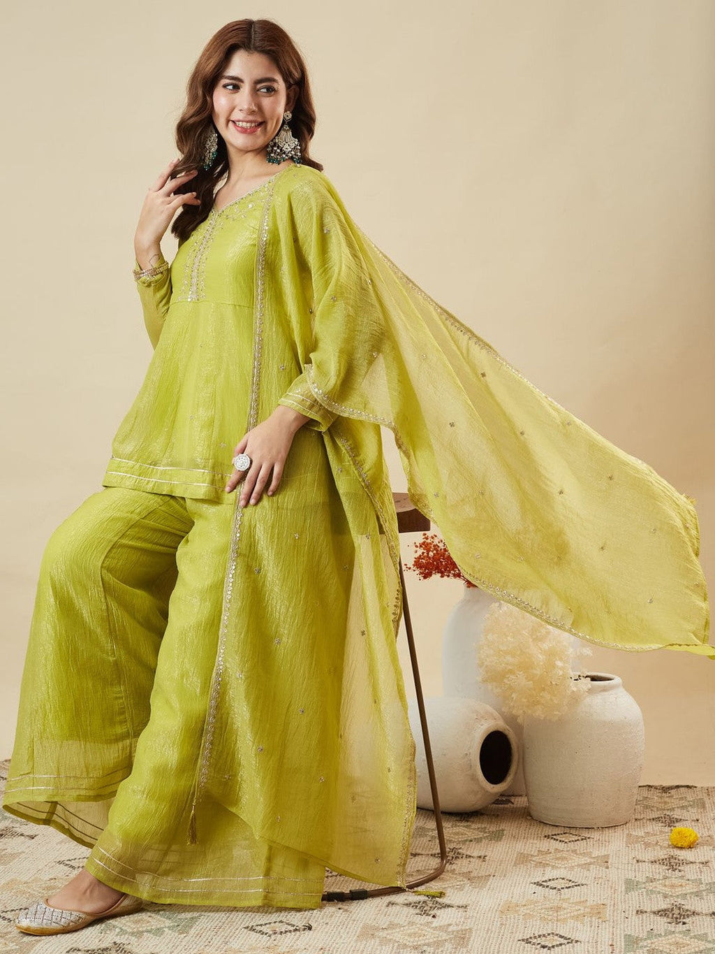 Lemon Crunchy Silk Embellished Sharara Suit Ensemble