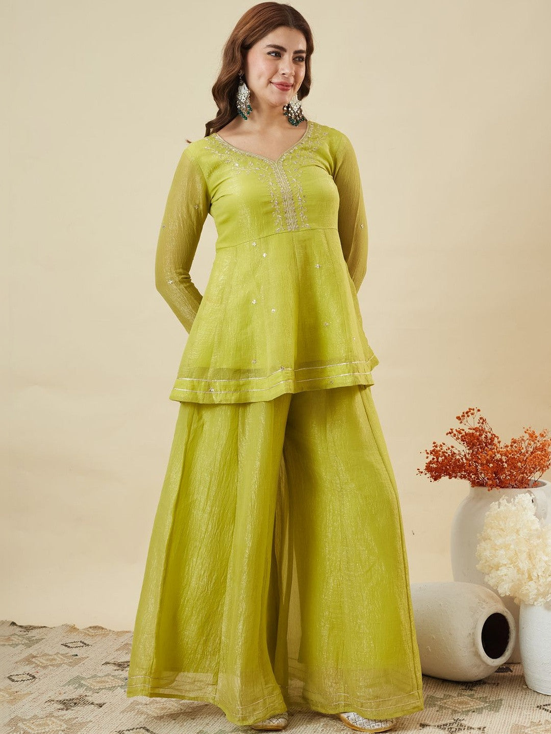 Lemon Crunchy Silk Embellished Sharara Suit Ensemble