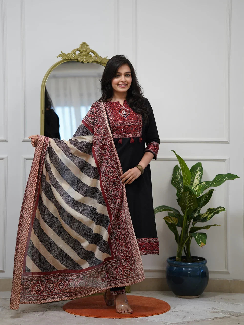 Midnight Black Ethnic Patterned Kurti, Pant & Dupatta Ensemble
