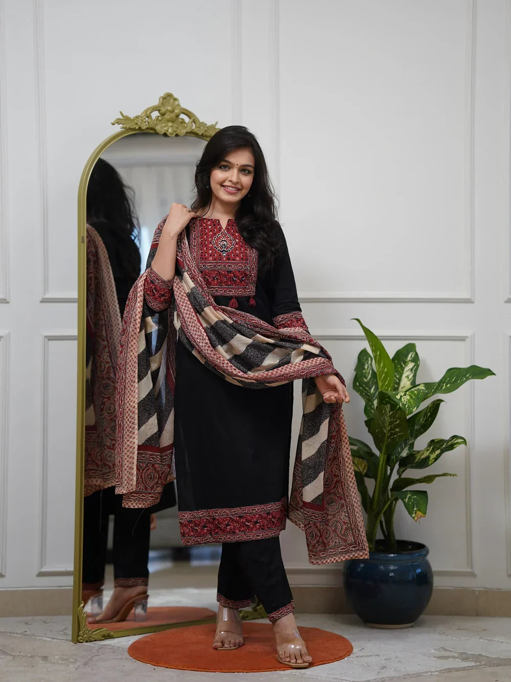Midnight Black Ethnic Patterned Kurti, Pant & Dupatta Ensemble