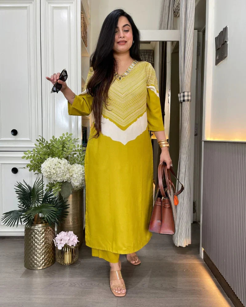 Golden Mustard Designer Kurti & Pant Ensemble