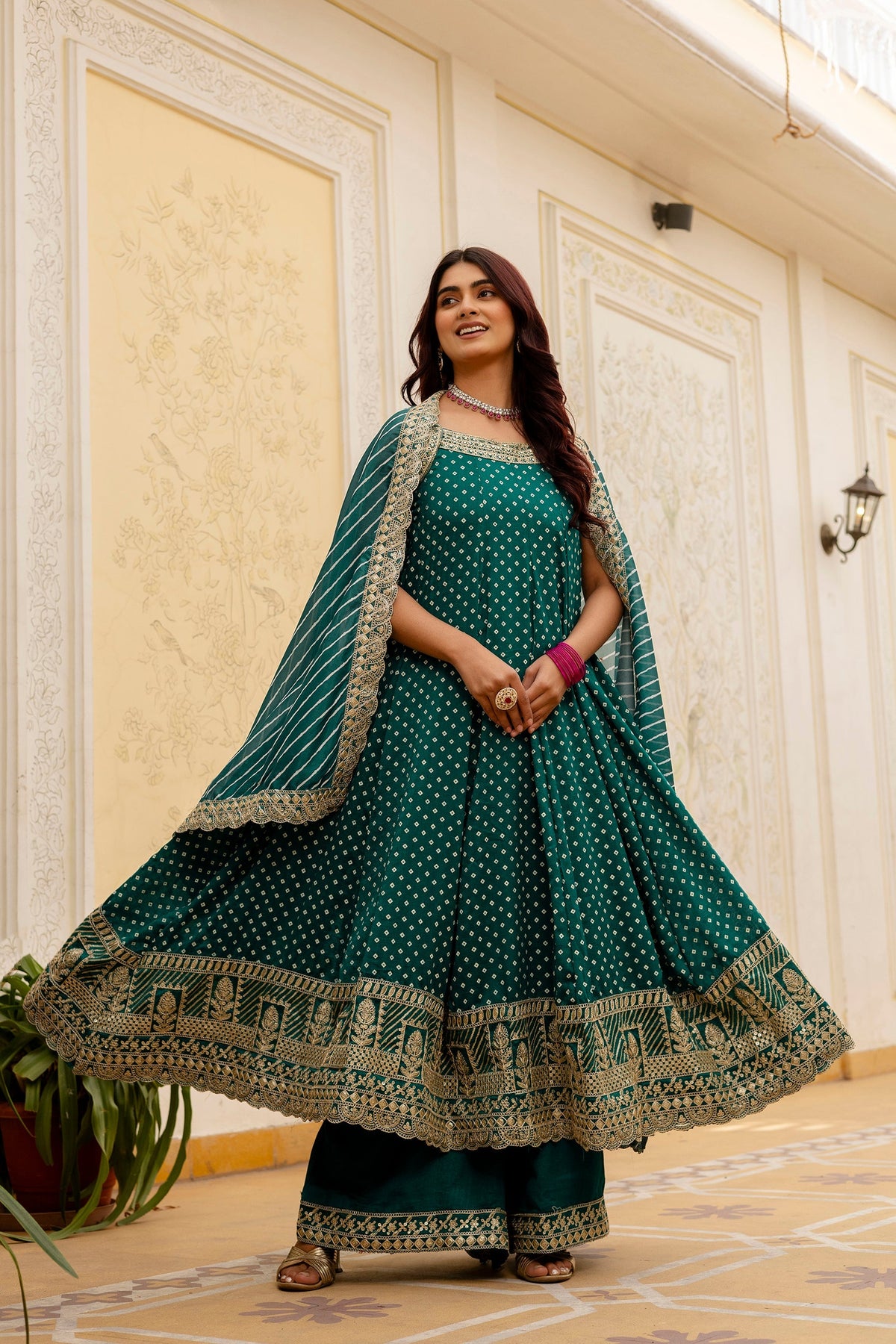 Rama Green Bandhani Vichitra Silk Gown Ensemble