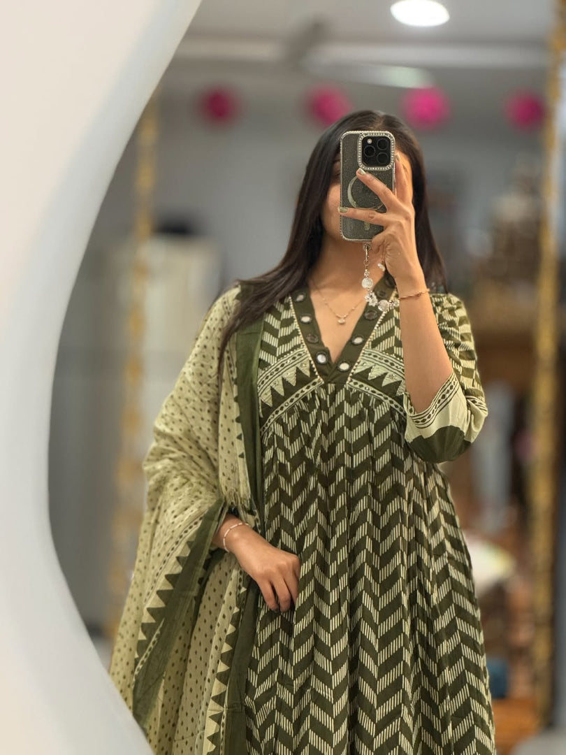 Olive Sage Patterned Anarkali Kurti, Pant & Dupatta Ensemble Graceful Daily & Office Wear