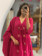 Rani Rose Anarkali Pure Mal Cotton Kurti Pant With Dupatta Set