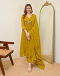 Mustard Yellow Mul Chanderi Embroidered Kurta Set