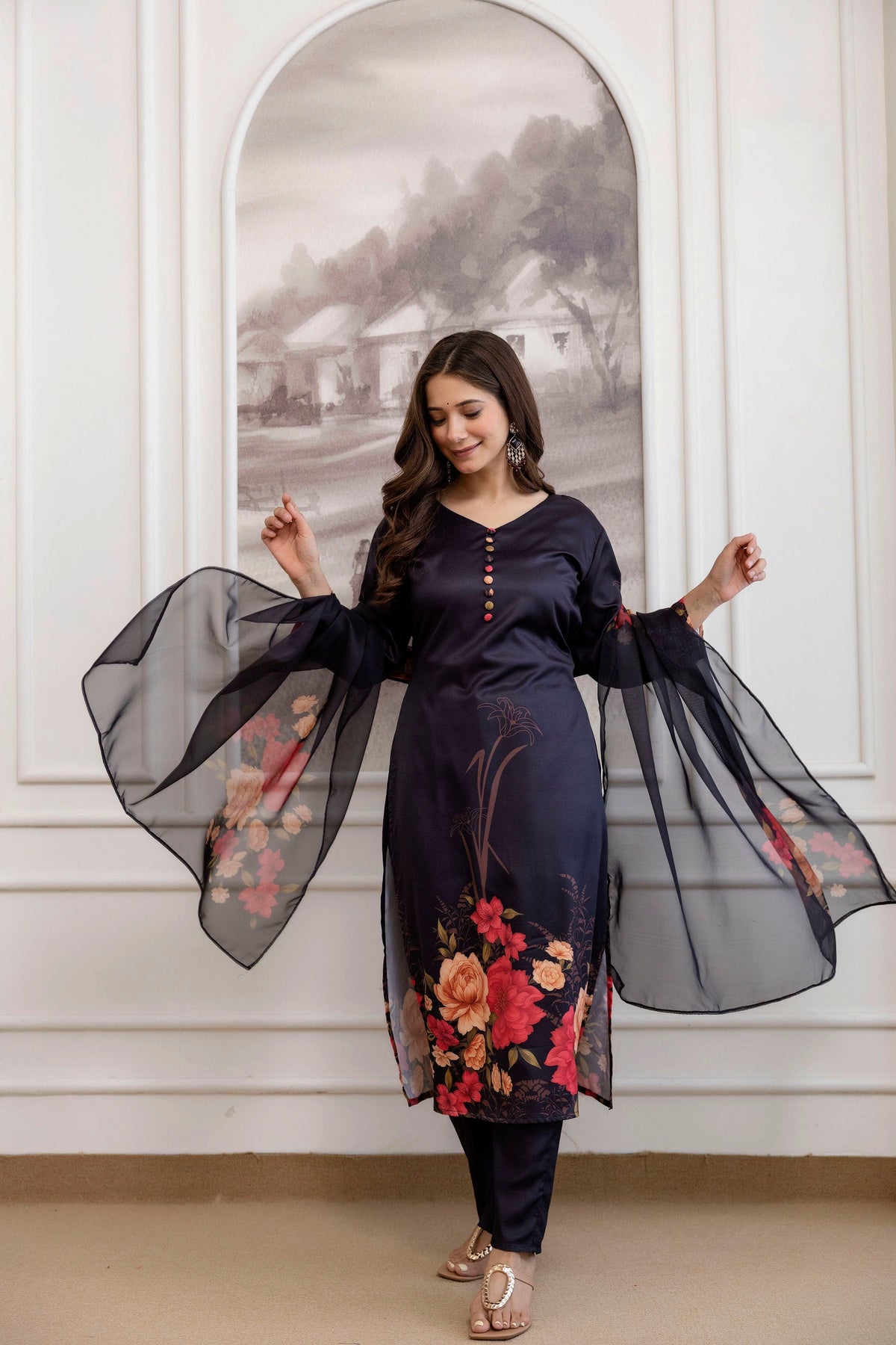 Black Floral Printed A-Line Kurta Set