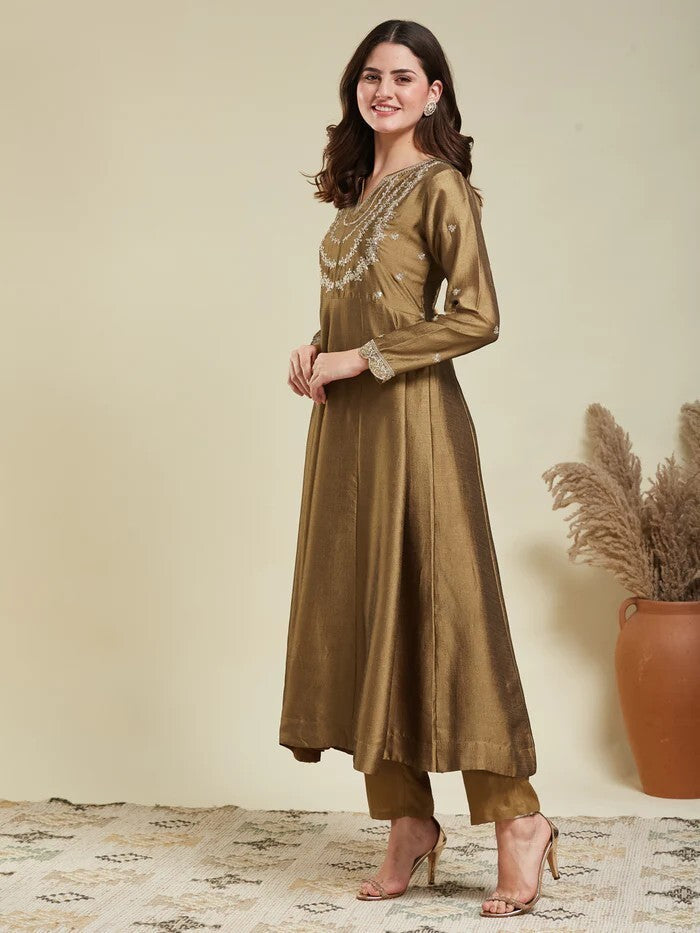 Gold Embroidered Vichitra Silk Anarkali Suit Set