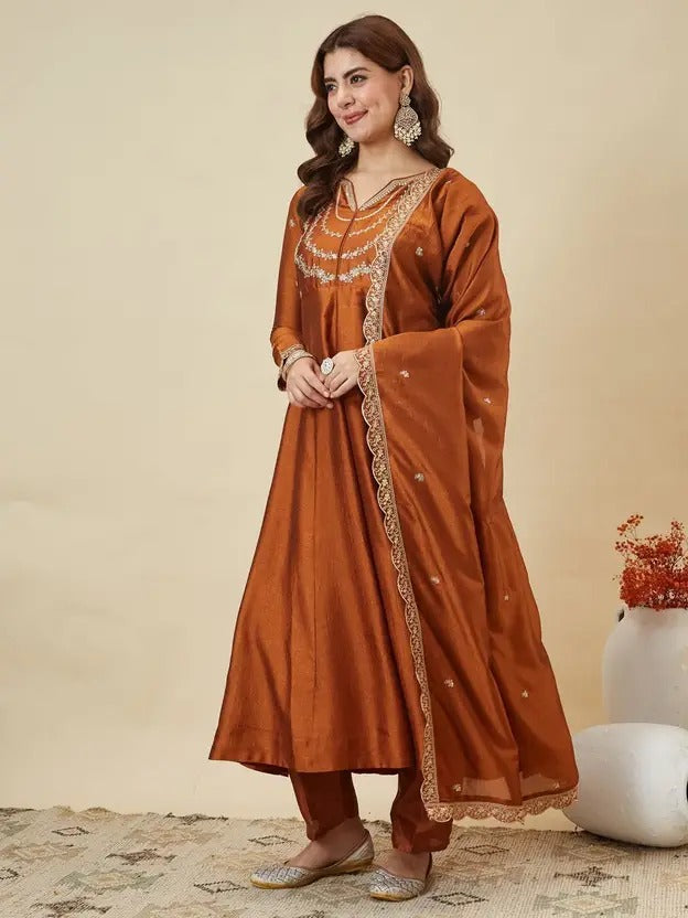 Orange Embroidered Vichitra Silk Anarkali Suit Set