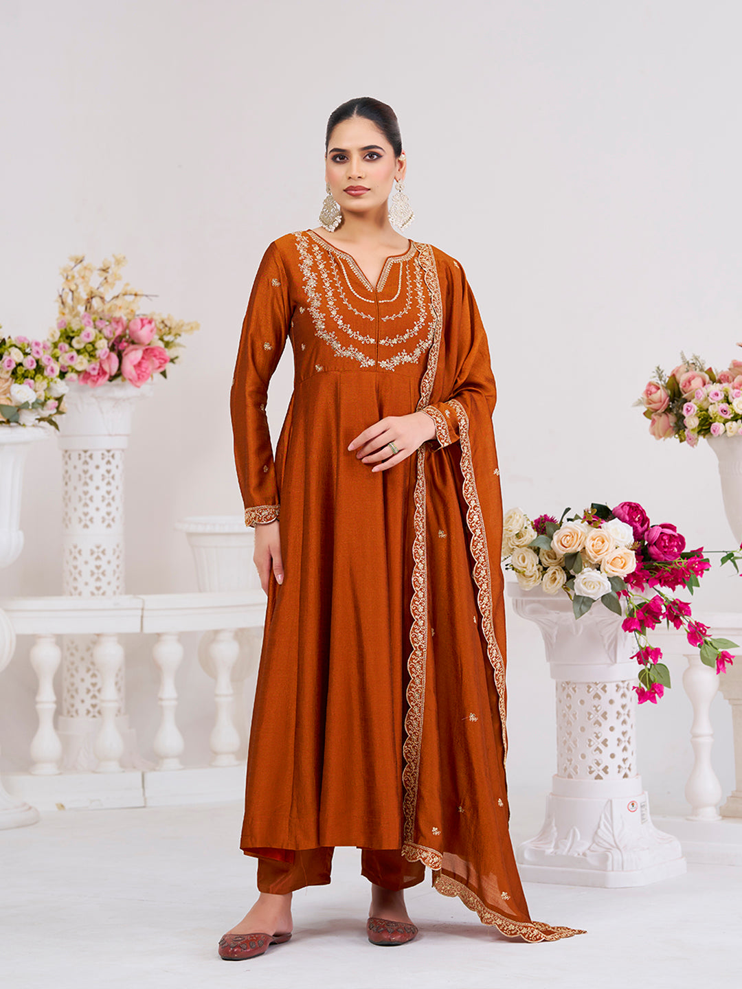 Orange Embroidered Vichitra Silk Anarkali Suit Set