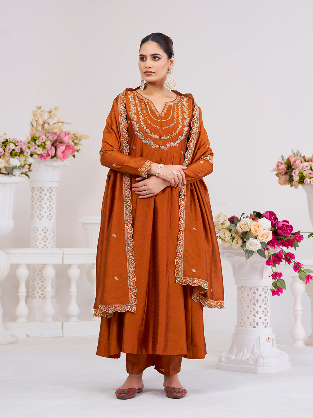 Orange Embroidered Vichitra Silk Anarkali Suit Set