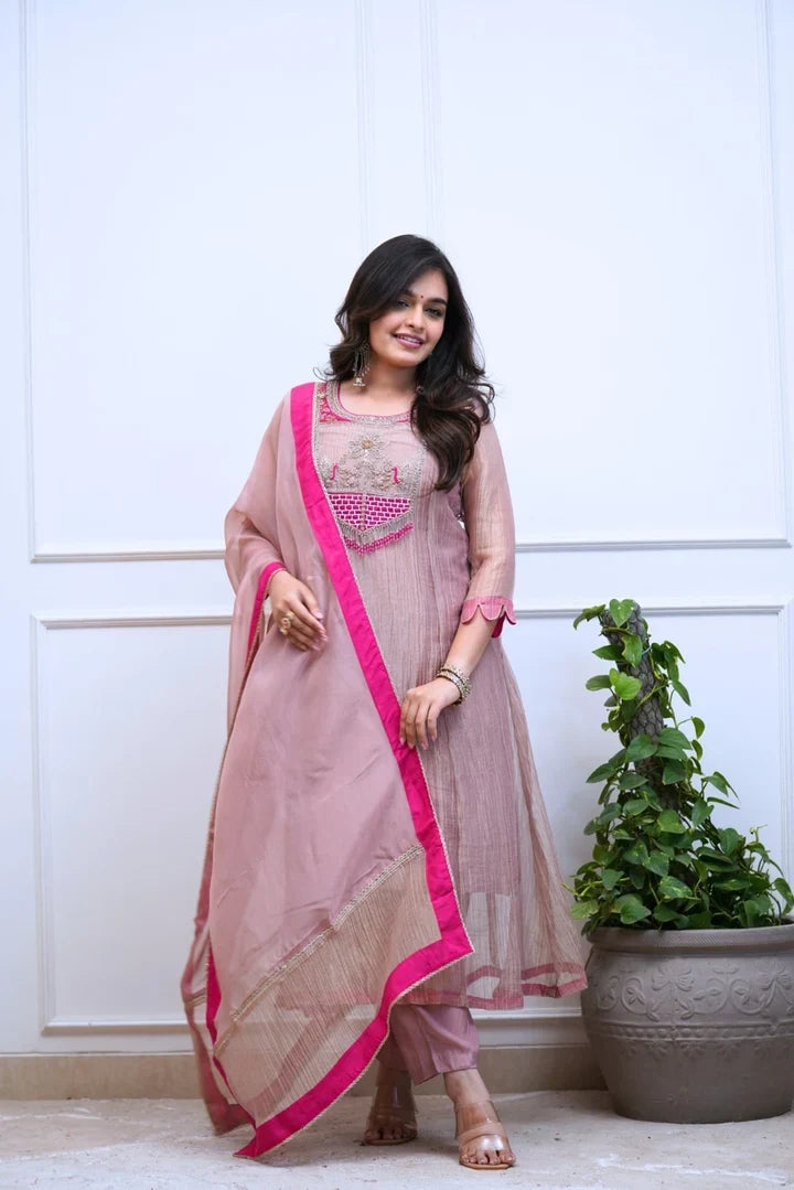 Women’s Lilac Pink Traditional Anarkali Set with Embroidered Kurta, Pants & Dupatta
