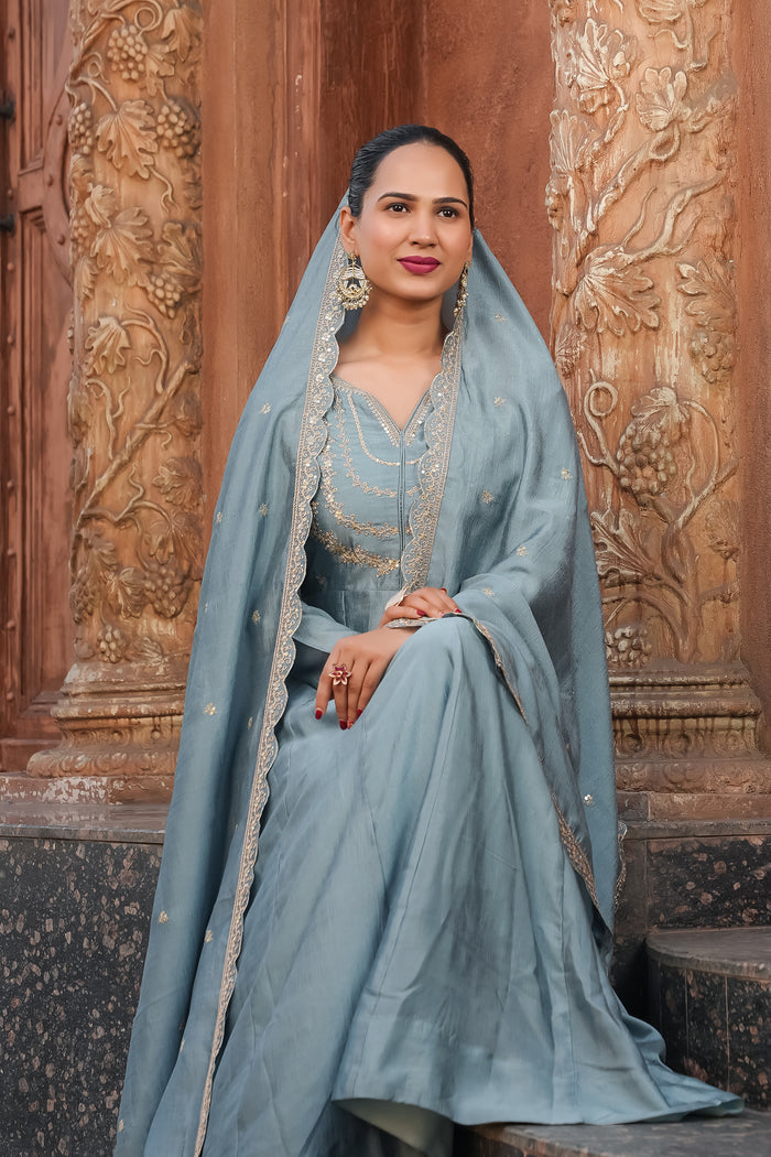 Grey Embroidered Vichitra Silk Anarkali Suit Set