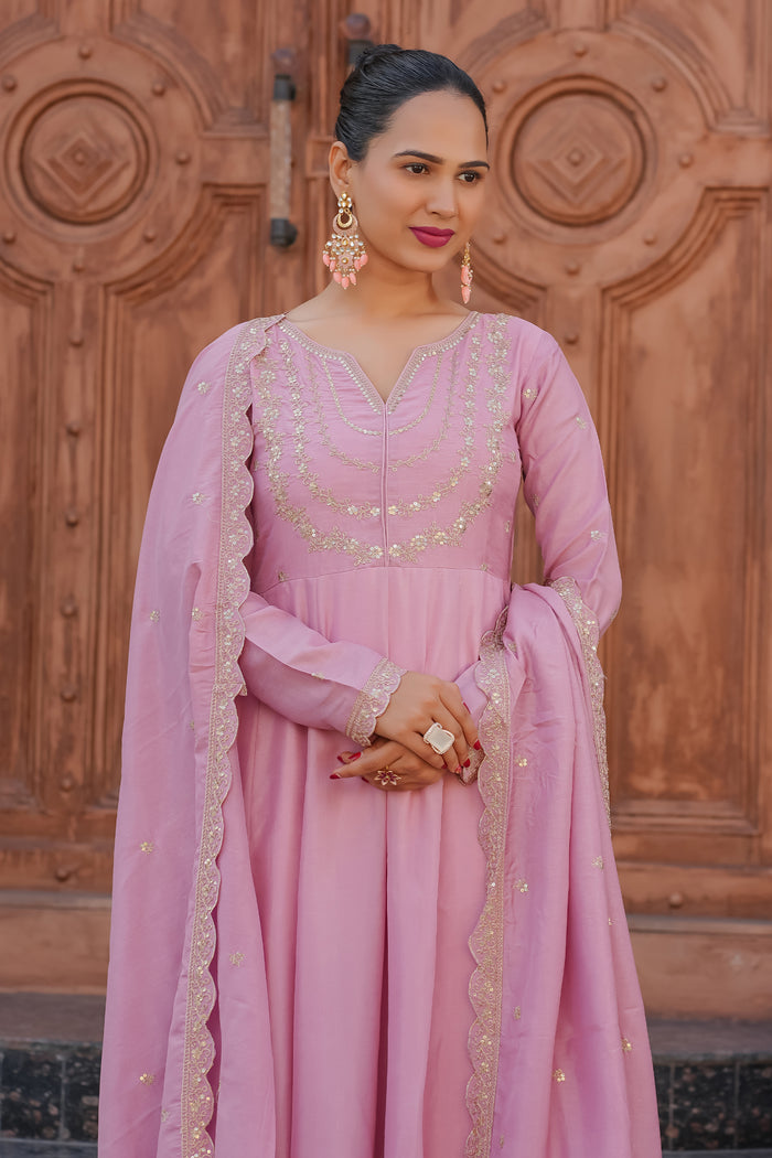 Pink Embroidered Vichitra Silk Anarkali Suit Set