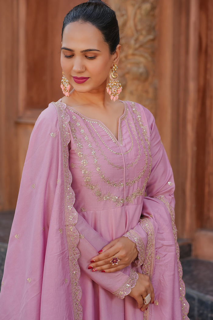 Pink Embroidered Vichitra Silk Anarkali Suit Set