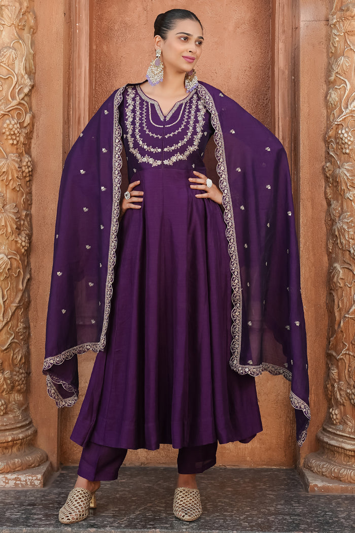 Wine Embroidered Vichitra Silk  Anarkali Suit Set