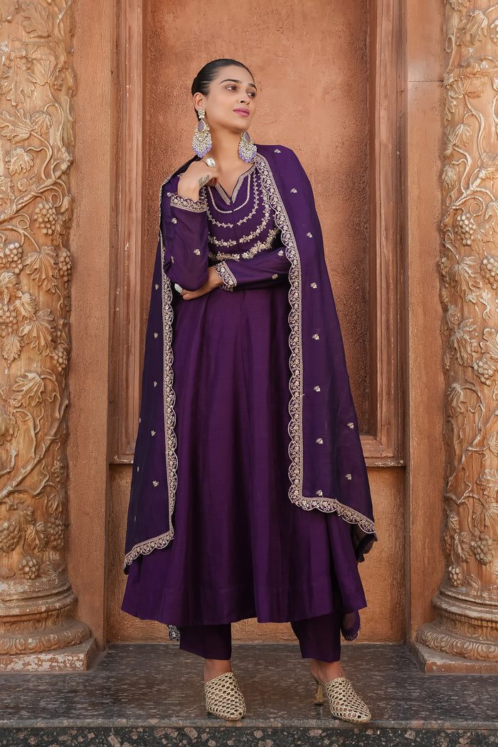 Wine Embroidered Vichitra Silk  Anarkali Suit Set