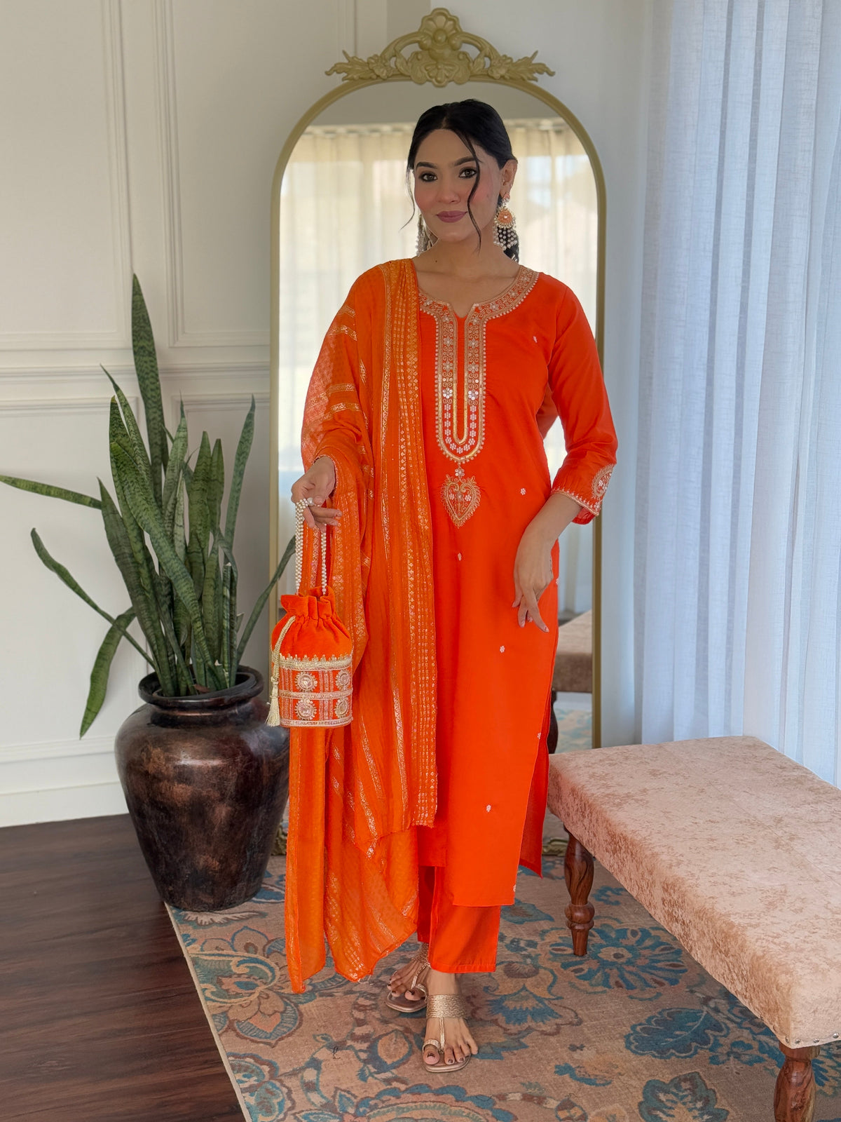 Tangerine Viscose Chanderi Embellished Kurta, Pant & Dupatta Ensemble