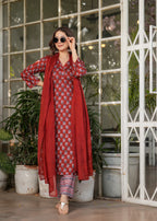 Red Pure Cotton Patterned Kurta, Pant & Dupatta Ensemble