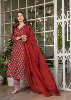 Red Pure Cotton Patterned Kurta, Pant & Dupatta Ensemble
