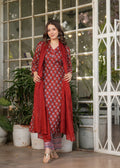 Red Pure Cotton Patterned Kurta, Pant & Dupatta Ensemble