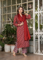 Red Pure Cotton Patterned Kurta, Pant & Dupatta Ensemble