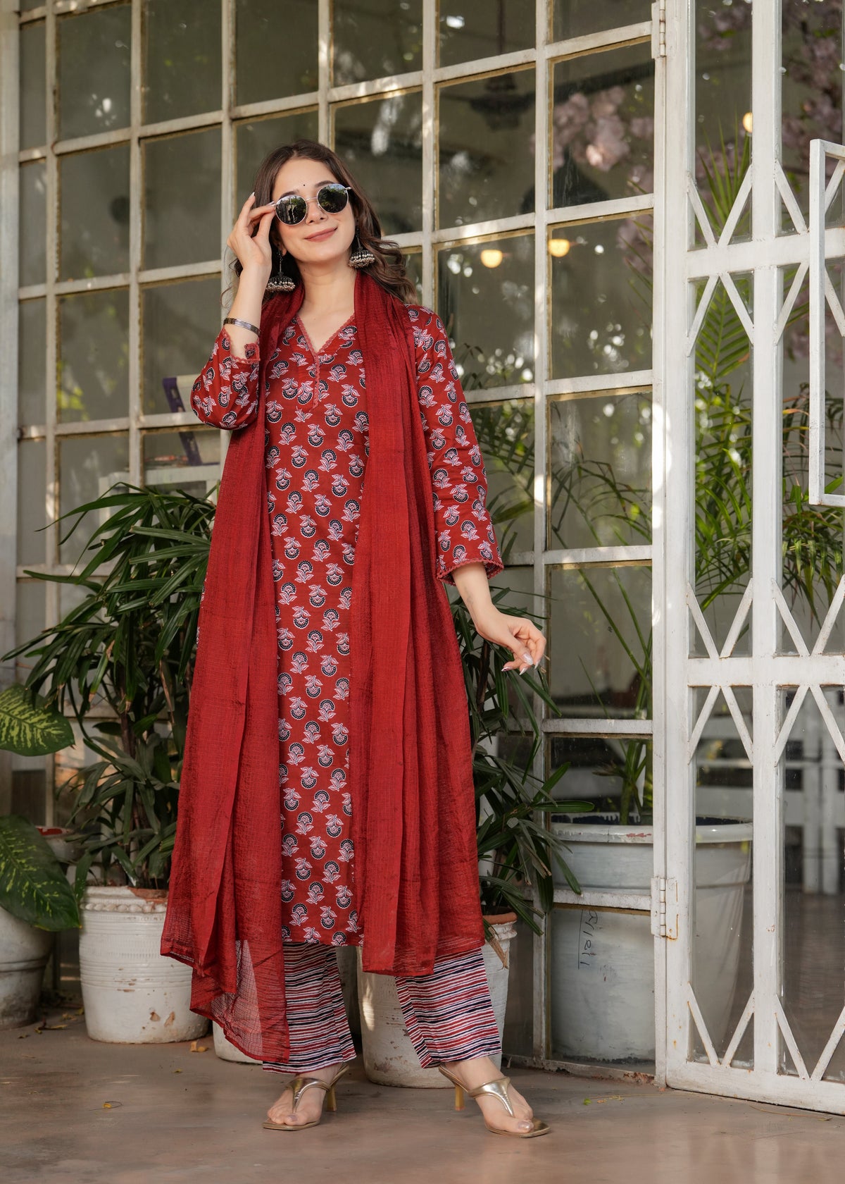 Red Pure Cotton Patterned Kurta, Pant & Dupatta Ensemble