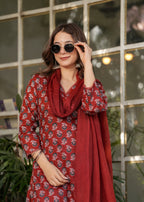 Red Pure Cotton Patterned Kurta, Pant & Dupatta Ensemble
