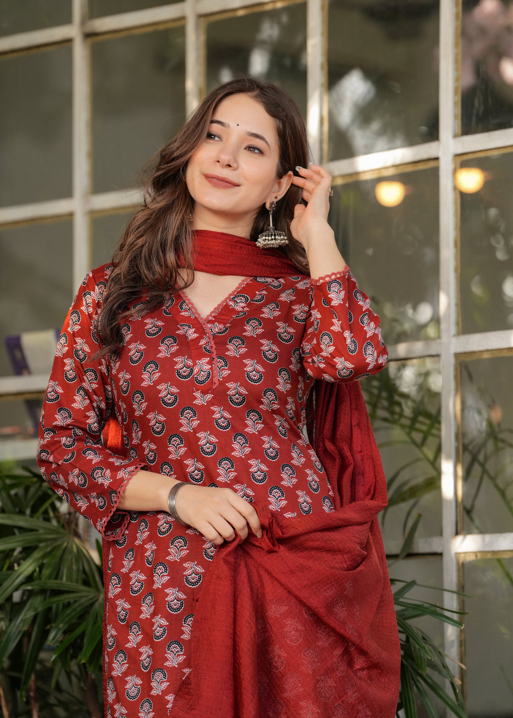 Red Pure Cotton Patterned Kurta, Pant & Dupatta Ensemble