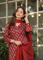 Red Pure Cotton Patterned Kurta, Pant & Dupatta Ensemble