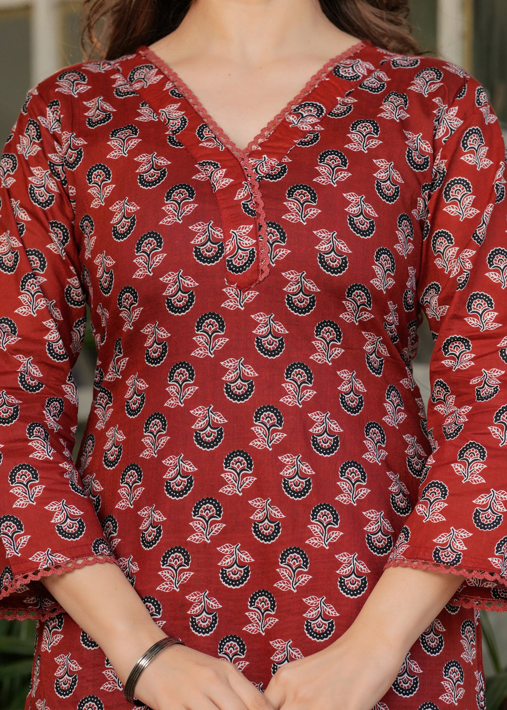 Red Pure Cotton Patterned Kurta, Pant & Dupatta Ensemble