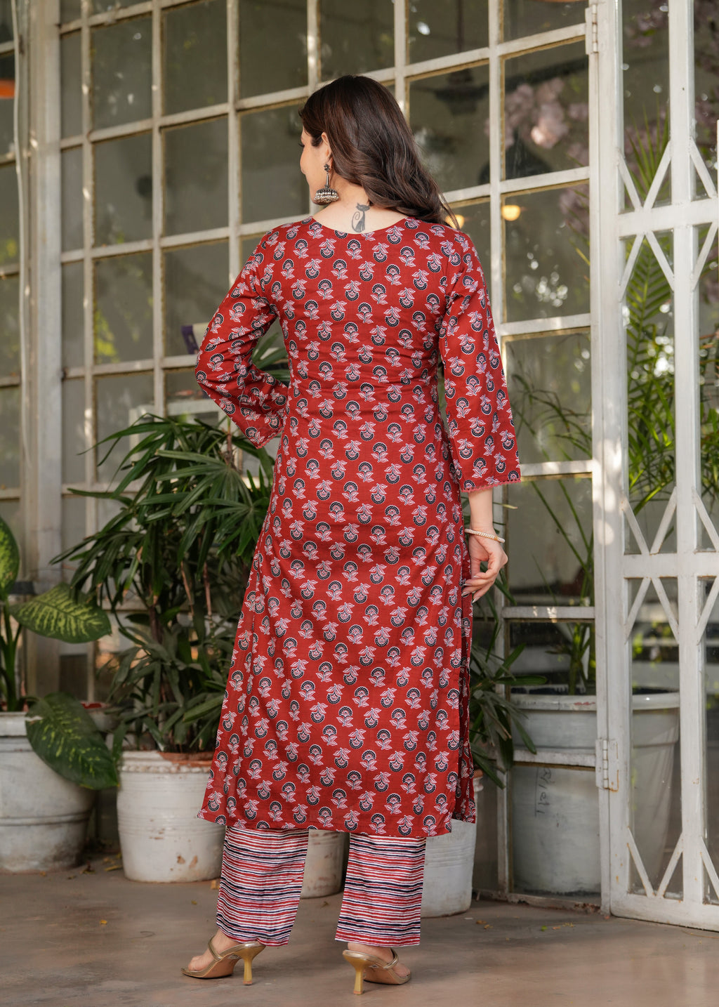 Red Pure Cotton Patterned Kurta, Pant & Dupatta Ensemble
