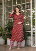 Red Pure Cotton Patterned Kurta, Pant & Dupatta Ensemble
