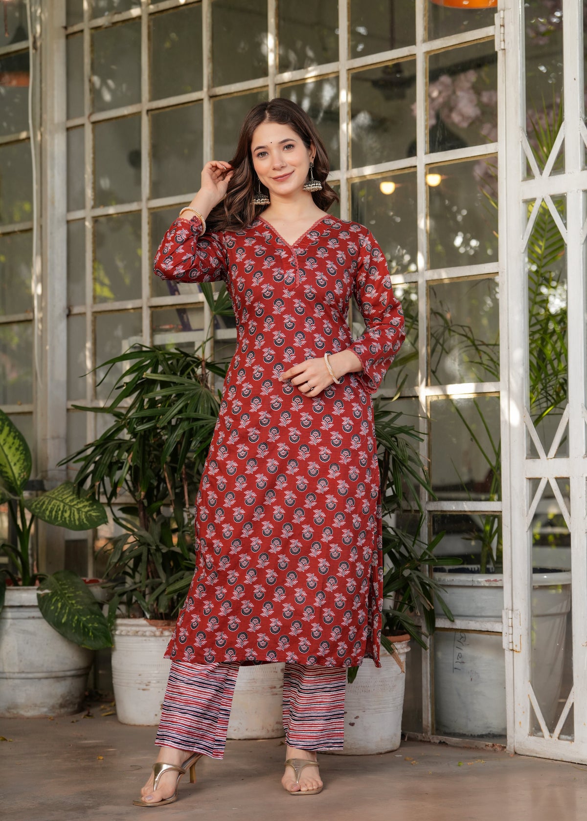 Red Pure Cotton Patterned Kurta, Pant & Dupatta Ensemble