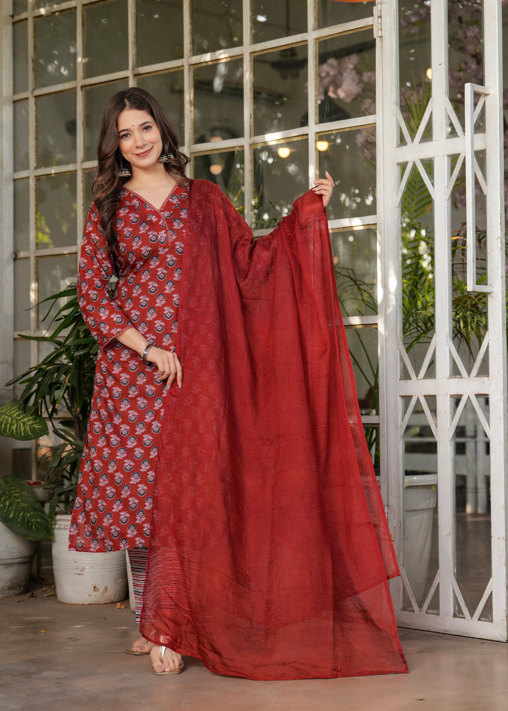 Red Pure Cotton Patterned Kurta, Pant & Dupatta Ensemble