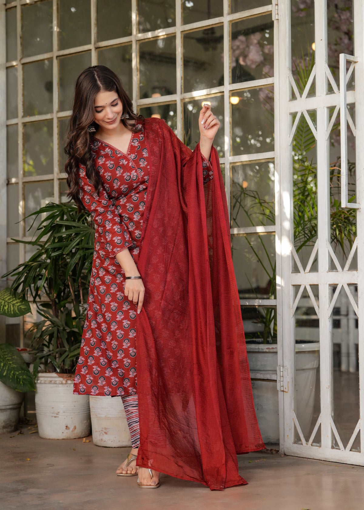 Red Pure Cotton Patterned Kurta, Pant & Dupatta Ensemble