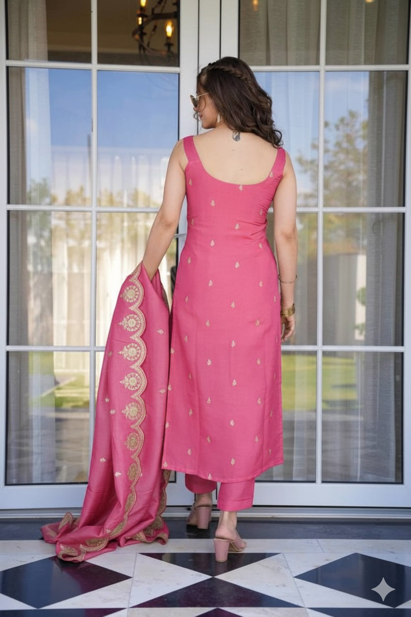 Pink Viscose Zari Chanderi Embellished Suit Ensemble